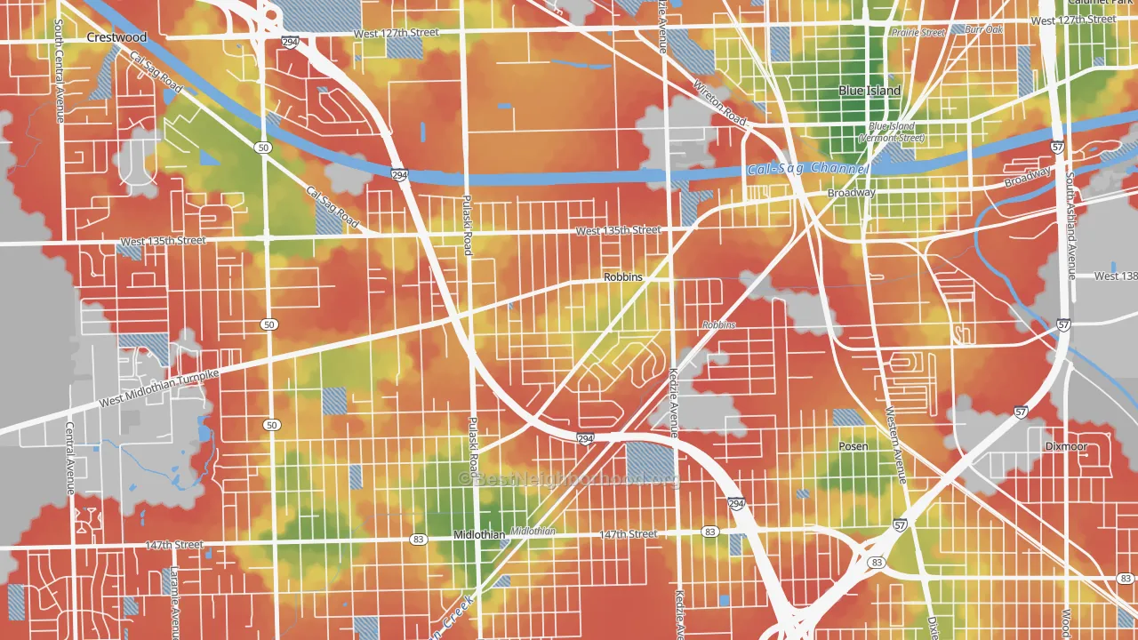 Walk Grade map of Robbins, IL, walkable areas in green and car-dependent areas in red