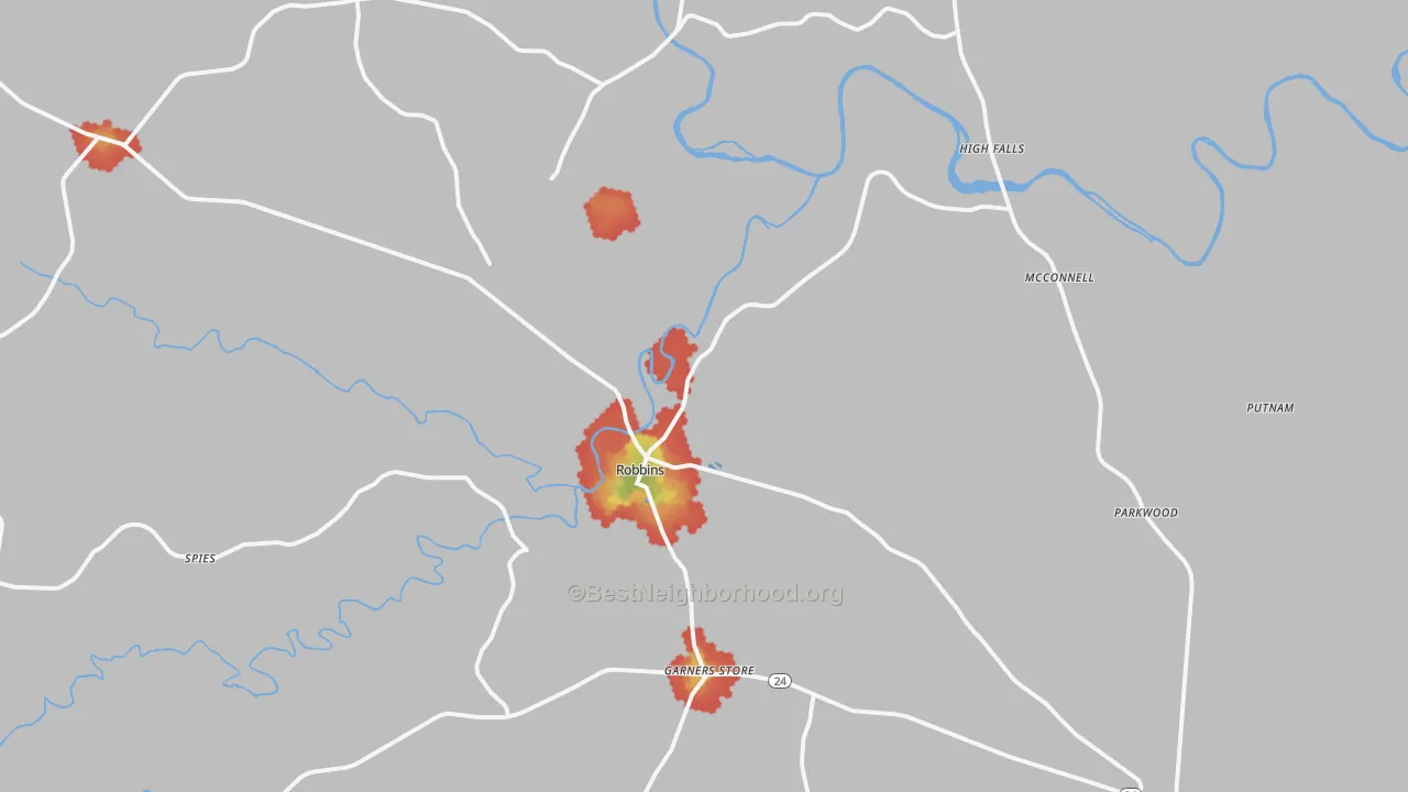 Walk Grade map of Robbins, NC, walkable areas in green and car-dependent areas in red