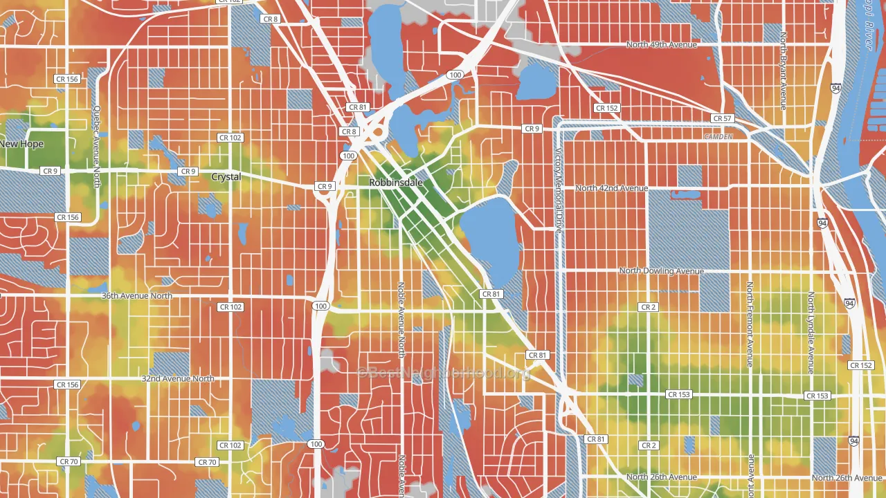 Walk Grade map of Robbinsdale, MN, walkable areas in green and car-dependent areas in red