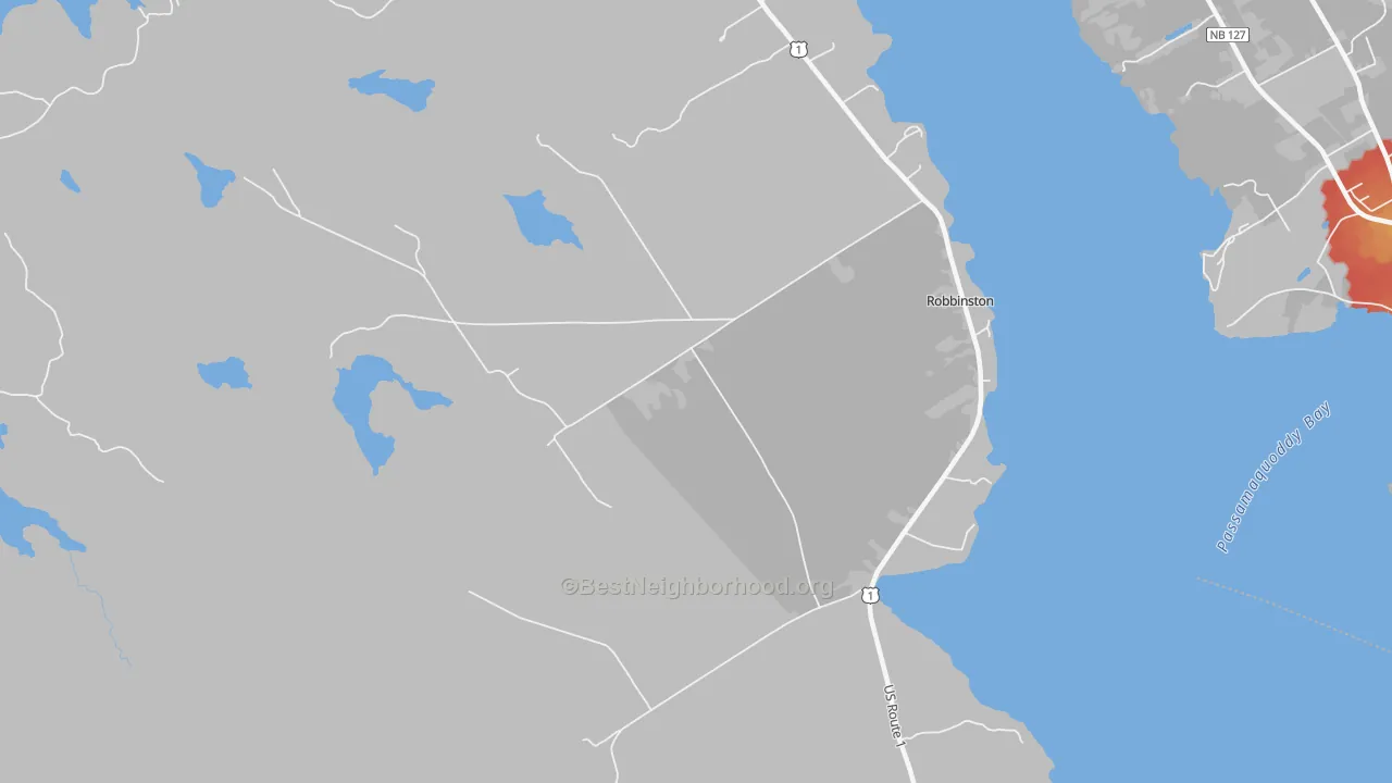 Walk Grade map of Robbinston, ME, walkable areas in green and car-dependent areas in red