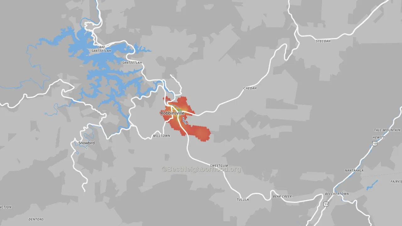 Walk Grade map of Robbinsville, NC, walkable areas in green and car-dependent areas in red