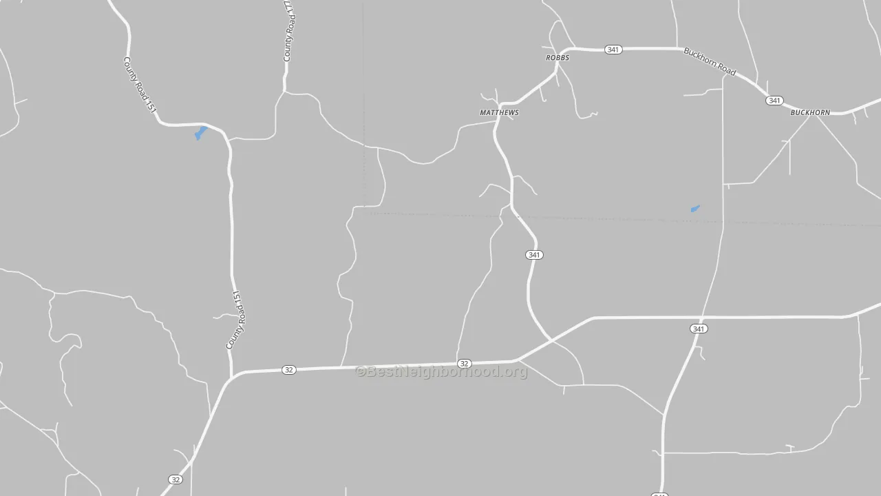 Walk Grade map of Robbs, MS, walkable areas in green and car-dependent areas in red