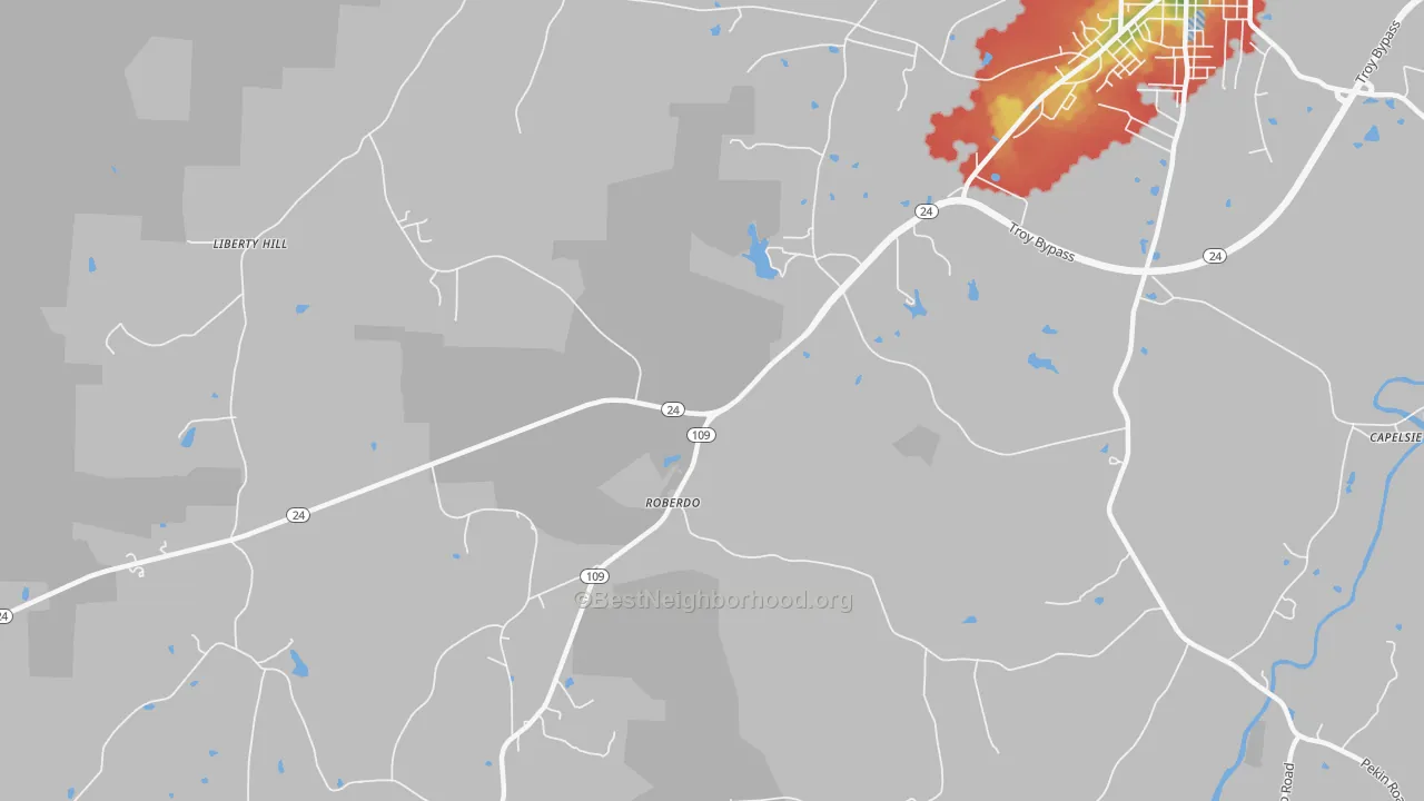 Walk Grade map of Roberdo, NC, walkable areas in green and car-dependent areas in red