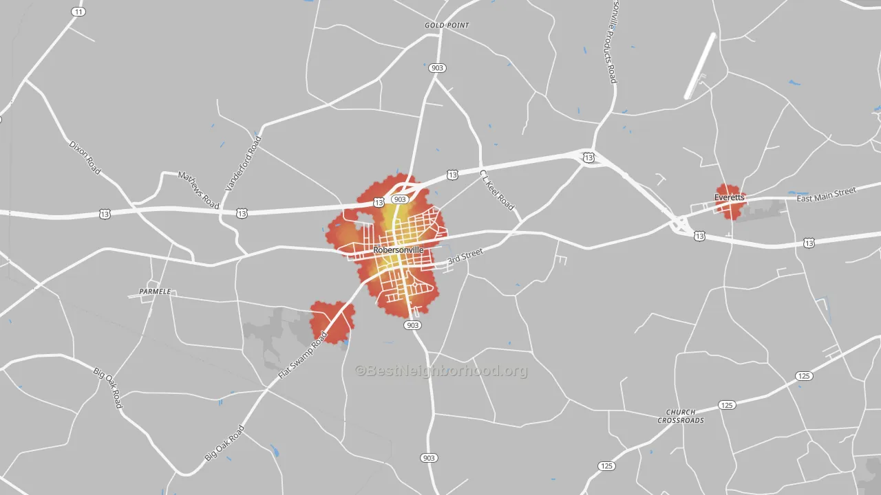 Walk Grade map of Robersonville, NC, walkable areas in green and car-dependent areas in red