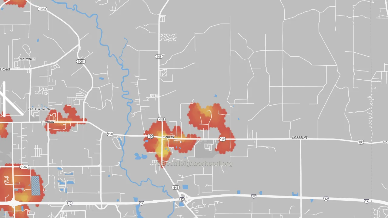 Walk Grade map of Robert, LA, walkable areas in green and car-dependent areas in red