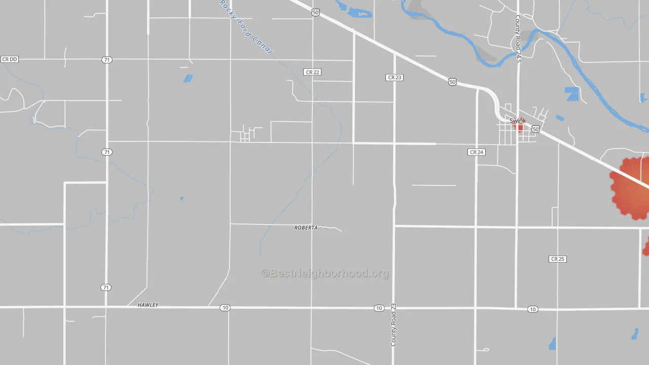 Walk Grade map of Roberta, CO, walkable areas in green and car-dependent areas in red
