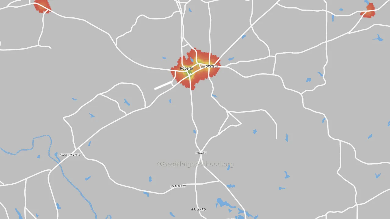 Walk Grade map of Roberta, GA, walkable areas in green and car-dependent areas in red