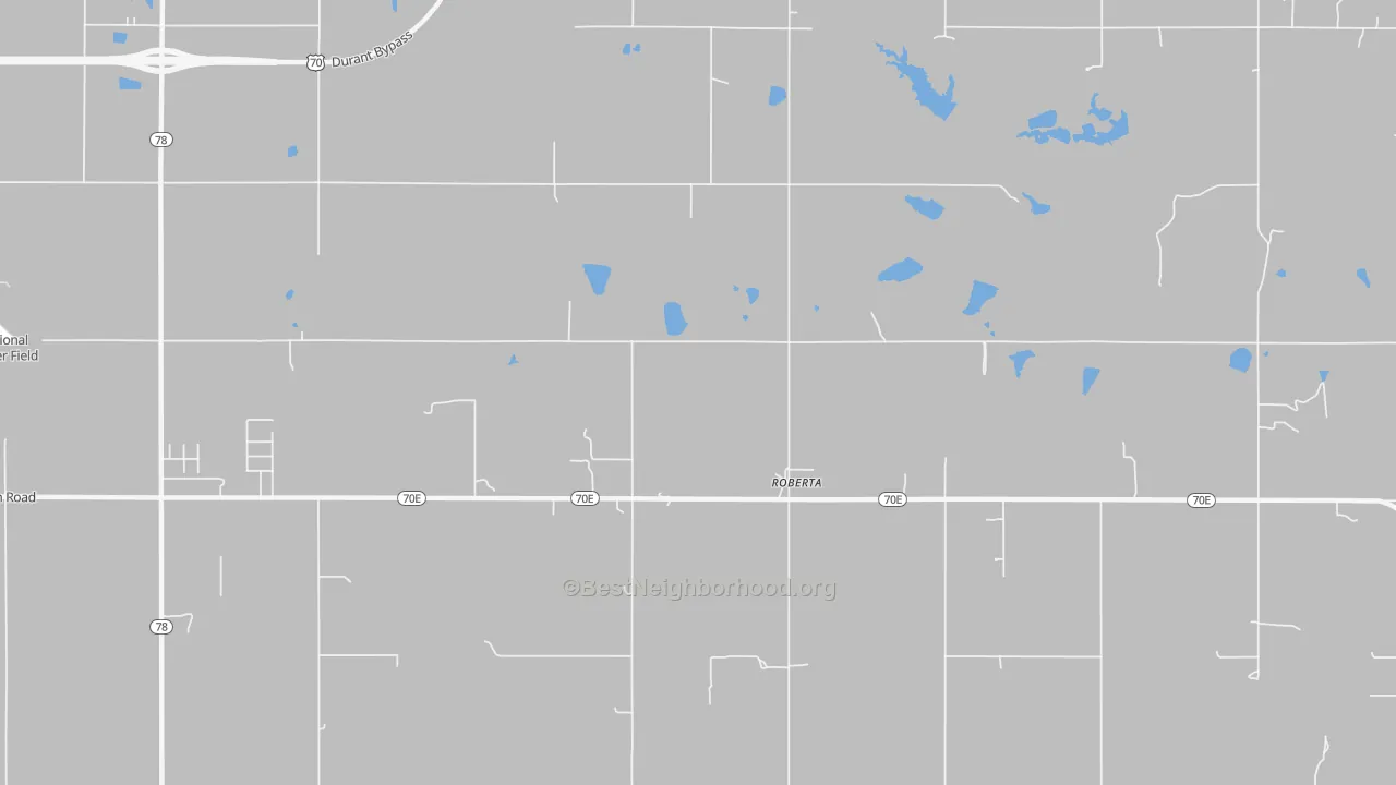Walk Grade map of Roberta, OK, walkable areas in green and car-dependent areas in red