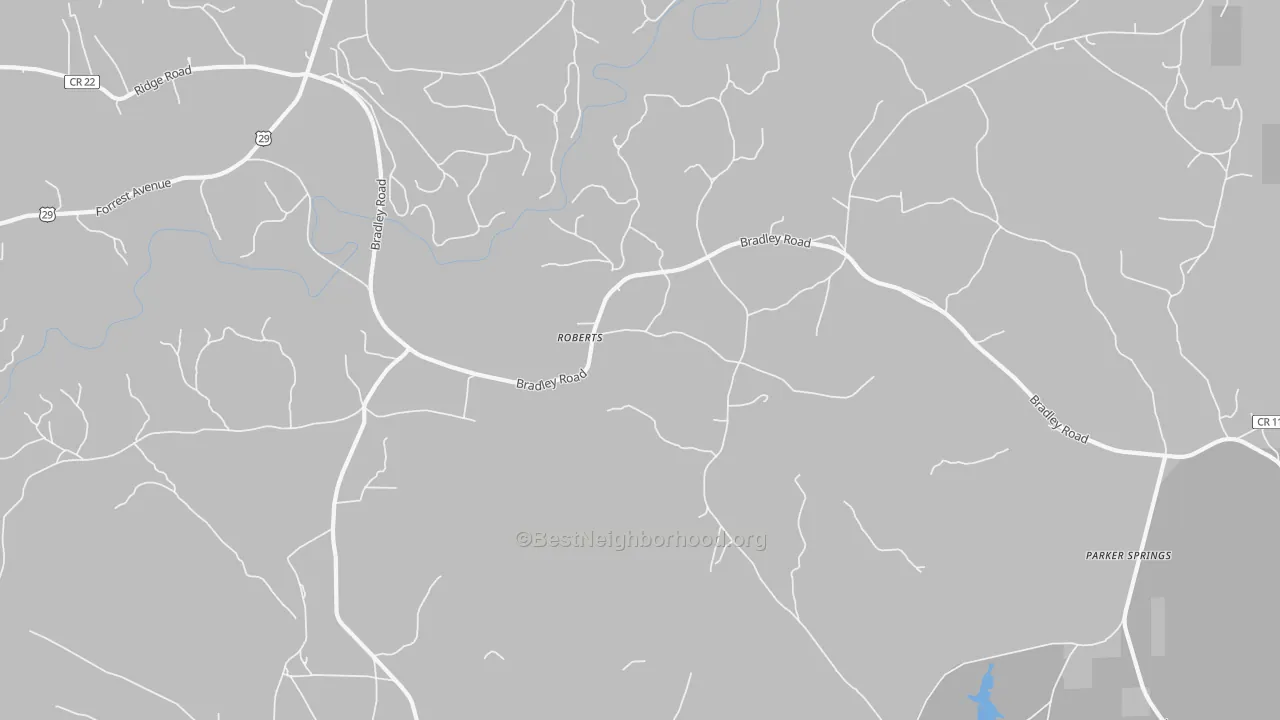Walk Grade map of Roberts, AL, walkable areas in green and car-dependent areas in red