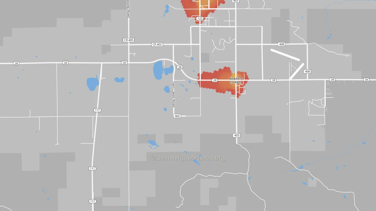 Walk Grade map of Roberts Corners, MI, walkable areas in green and car-dependent areas in red