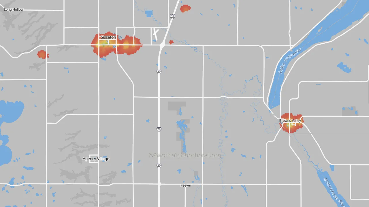 Walk Grade map of Roberts County, SD, walkable areas in green and car-dependent areas in red