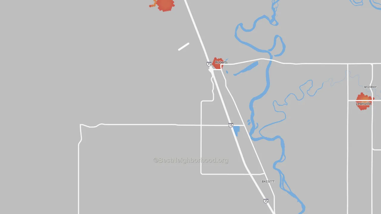 Walk Grade map of Roberts, ID, walkable areas in green and car-dependent areas in red