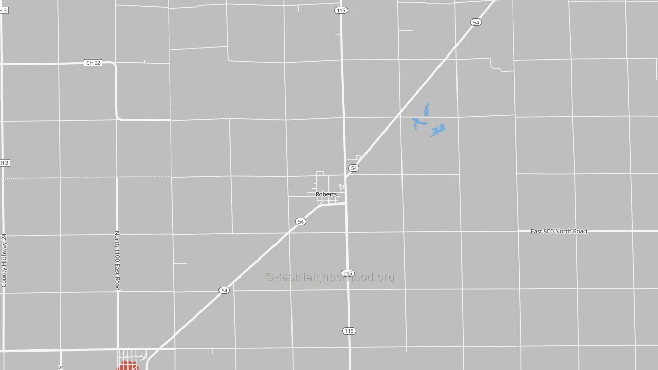 Walk Grade map of Roberts, IL, walkable areas in green and car-dependent areas in red