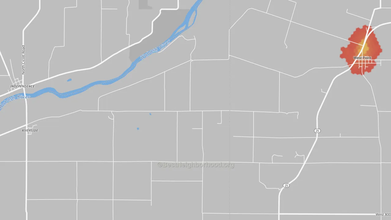 Walk Grade map of Roberts, IN, walkable areas in green and car-dependent areas in red
