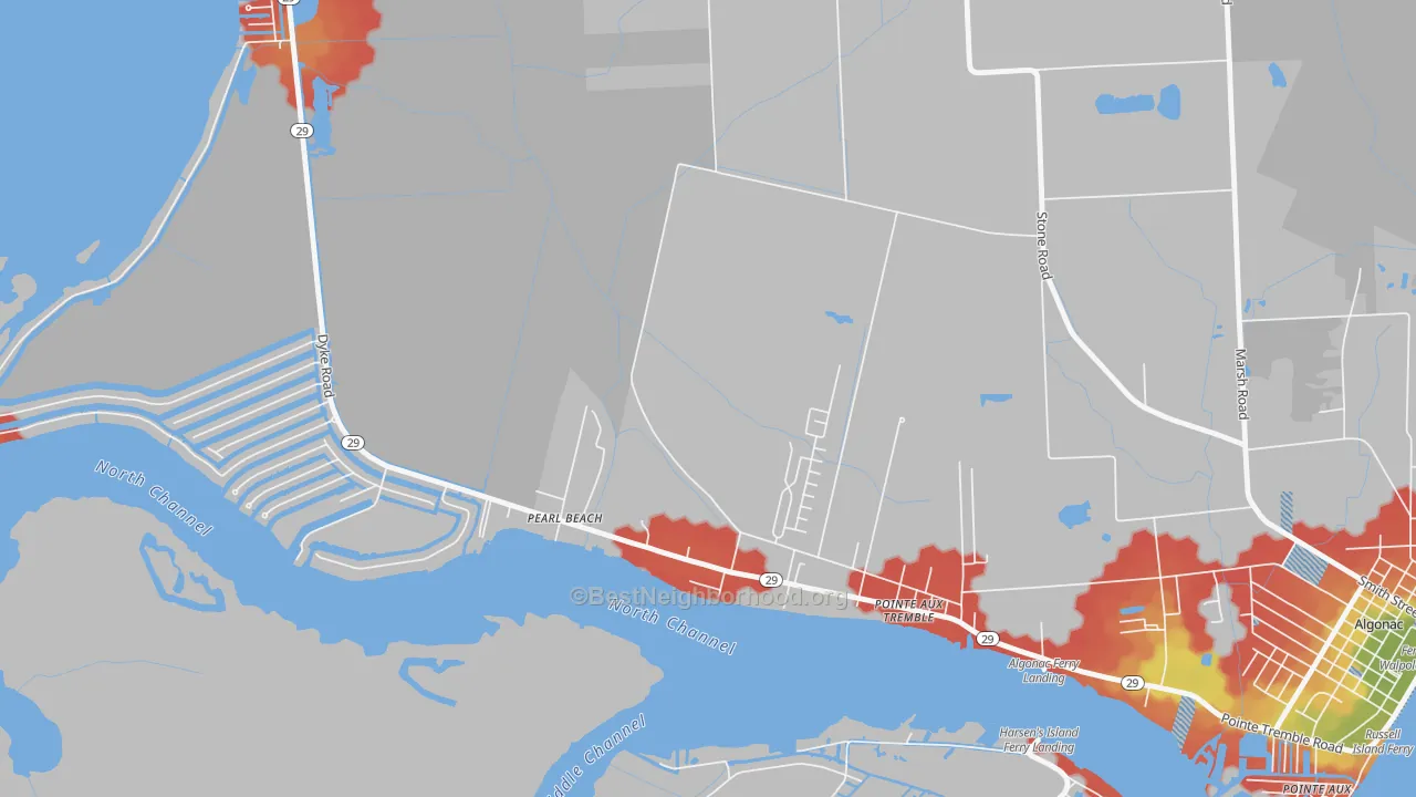 Walk Grade map of Roberts Landing, MI, walkable areas in green and car-dependent areas in red