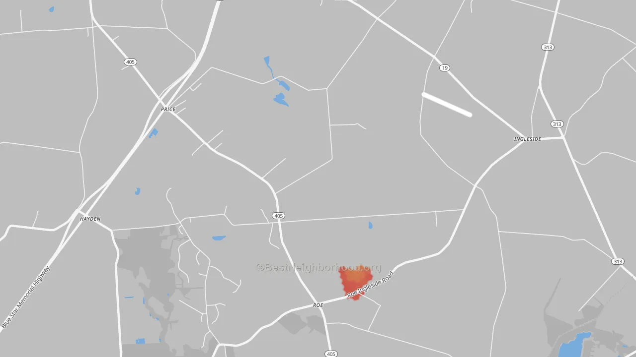 Walk Grade map of Roberts, MD, walkable areas in green and car-dependent areas in red