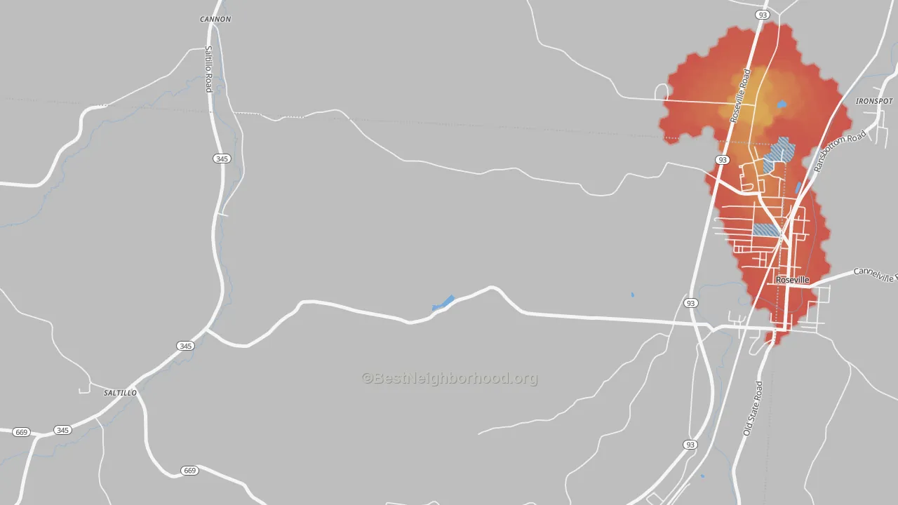 Walk Grade map of Roberts, OH, walkable areas in green and car-dependent areas in red