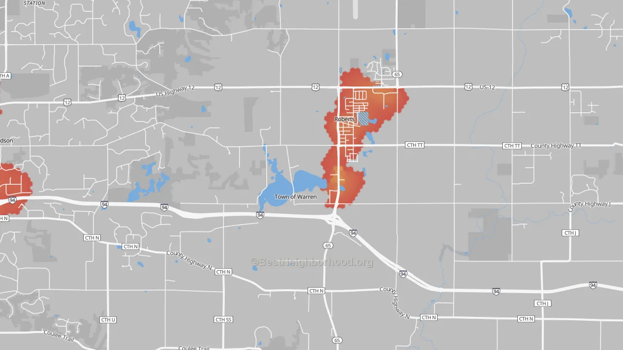 Walk Grade map of Roberts, WI, walkable areas in green and car-dependent areas in red