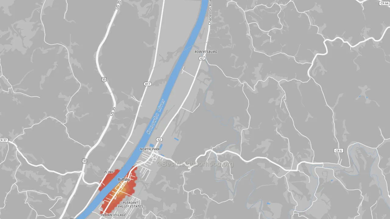 Walk Grade map of Robertsburg, WV, walkable areas in green and car-dependent areas in red