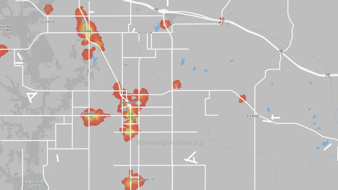 Walk Grade map of Robertsdale, AL, walkable areas in green and car-dependent areas in red