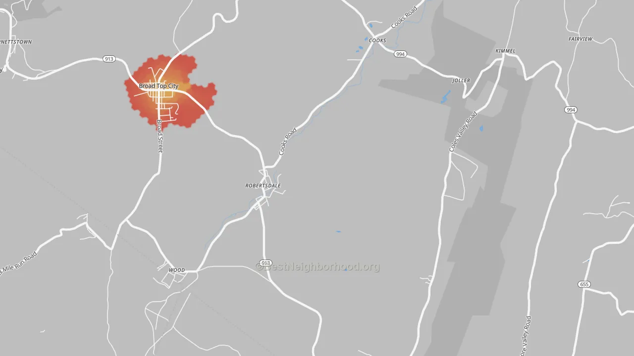 Walk Grade map of Robertsdale, PA, walkable areas in green and car-dependent areas in red