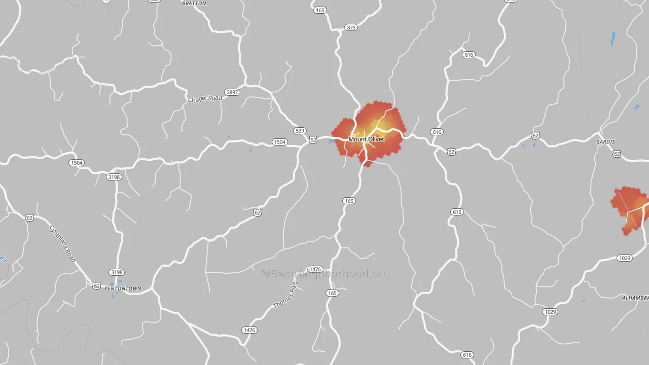 Walk Grade map of Robertson County, KY, walkable areas in green and car-dependent areas in red