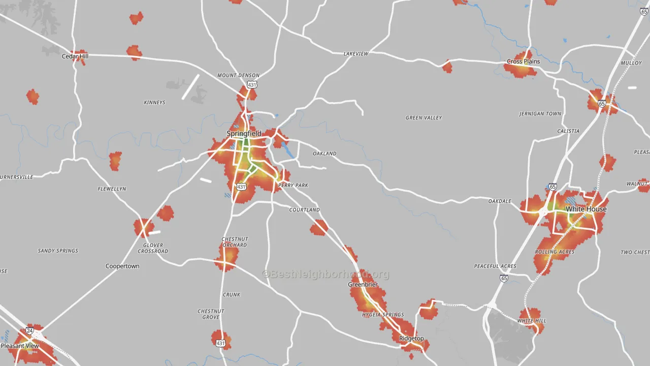 Walk Grade map of Robertson County, TN, walkable areas in green and car-dependent areas in red