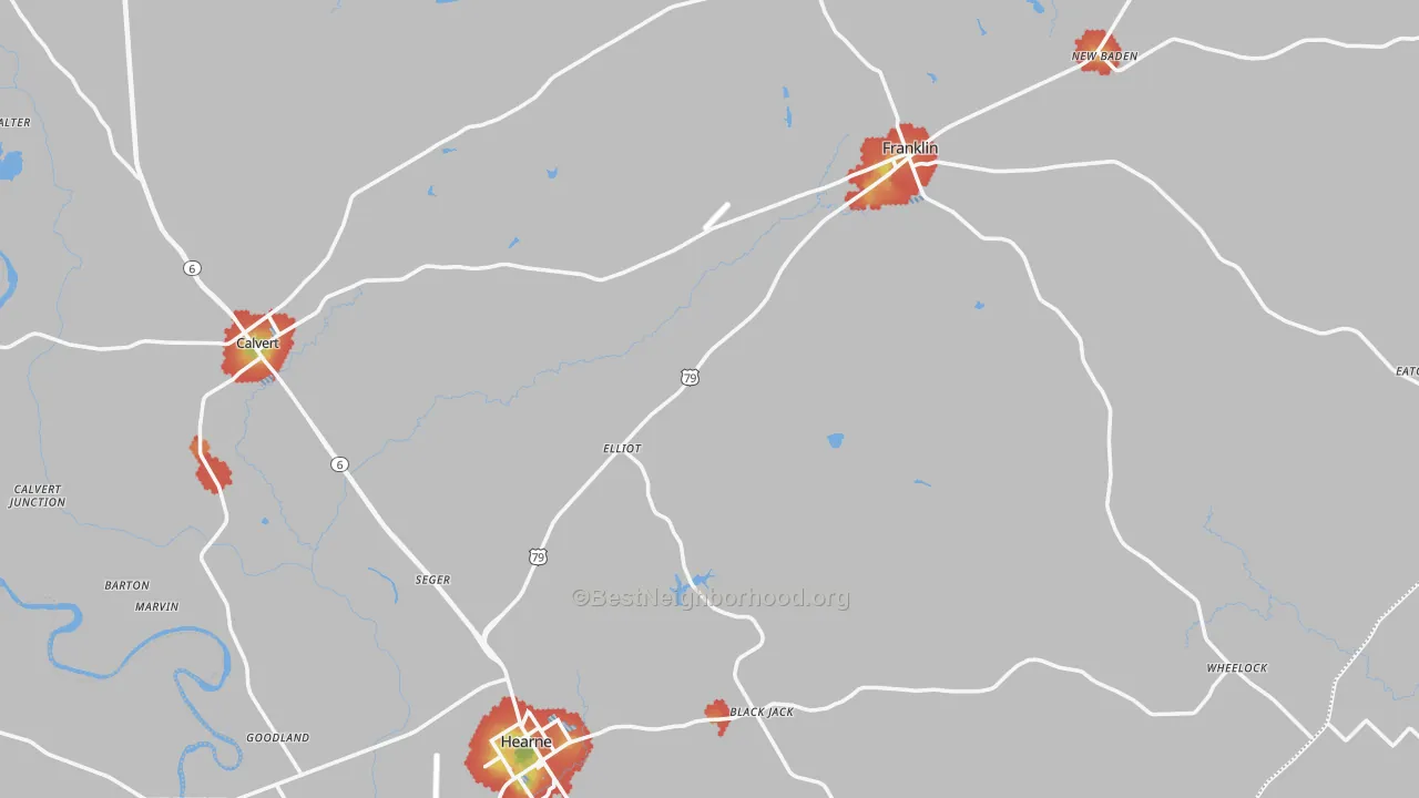 Walk Grade map of Robertson County, TX, walkable areas in green and car-dependent areas in red