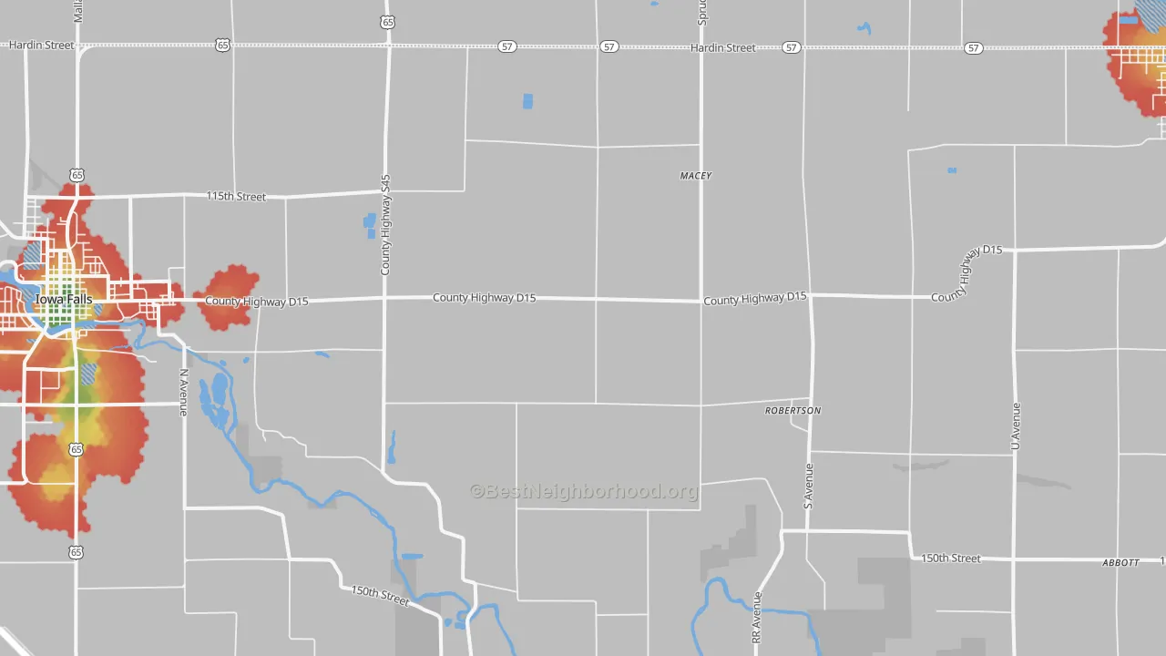 Walk Grade map of Robertson, IA, walkable areas in green and car-dependent areas in red