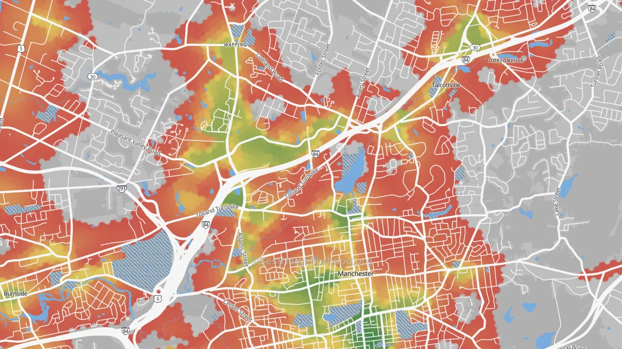 Walk Grade map of Robertson, Oakland, CT, walkable areas in green and car-dependent areas in red
