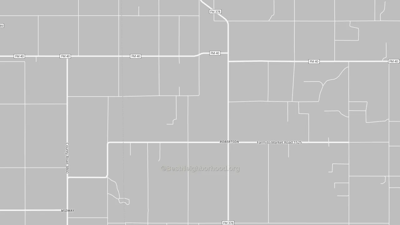 Walk Grade map of Robertson, TX, walkable areas in green and car-dependent areas in red