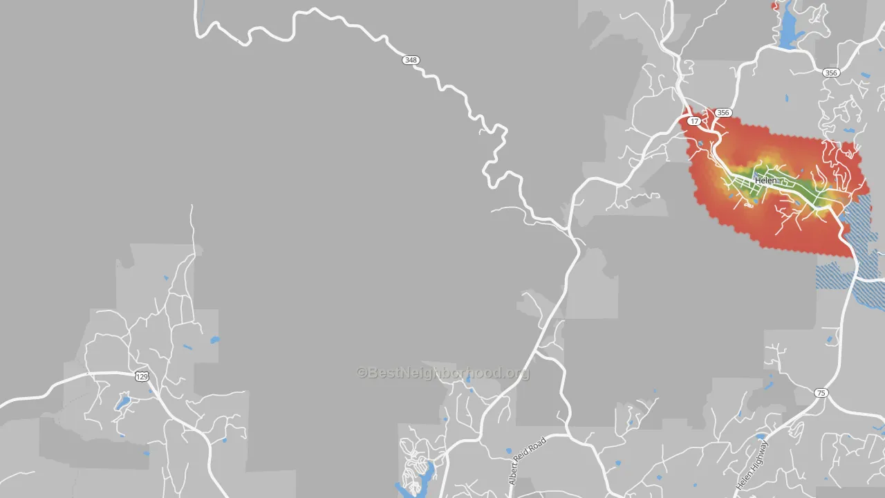 Walk Grade map of Robertstown, GA, walkable areas in green and car-dependent areas in red