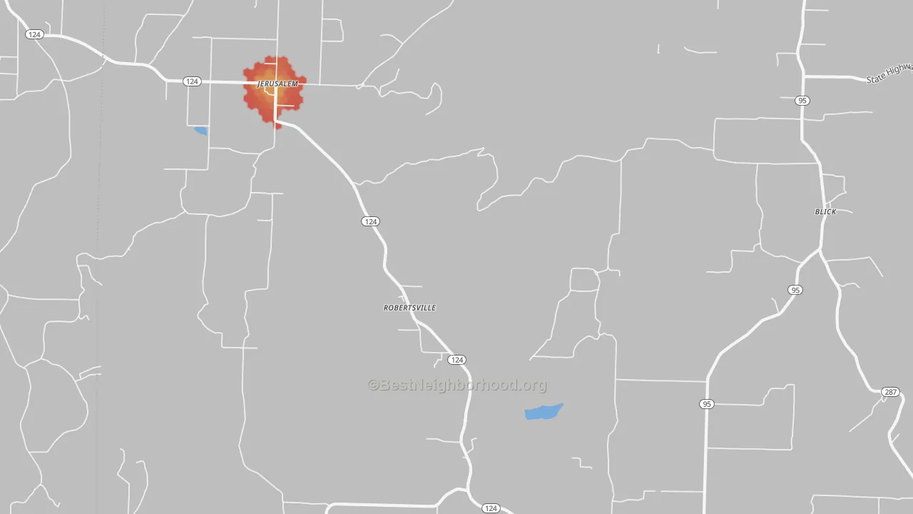 Walk Grade map of Robertsville, AR, walkable areas in green and car-dependent areas in red