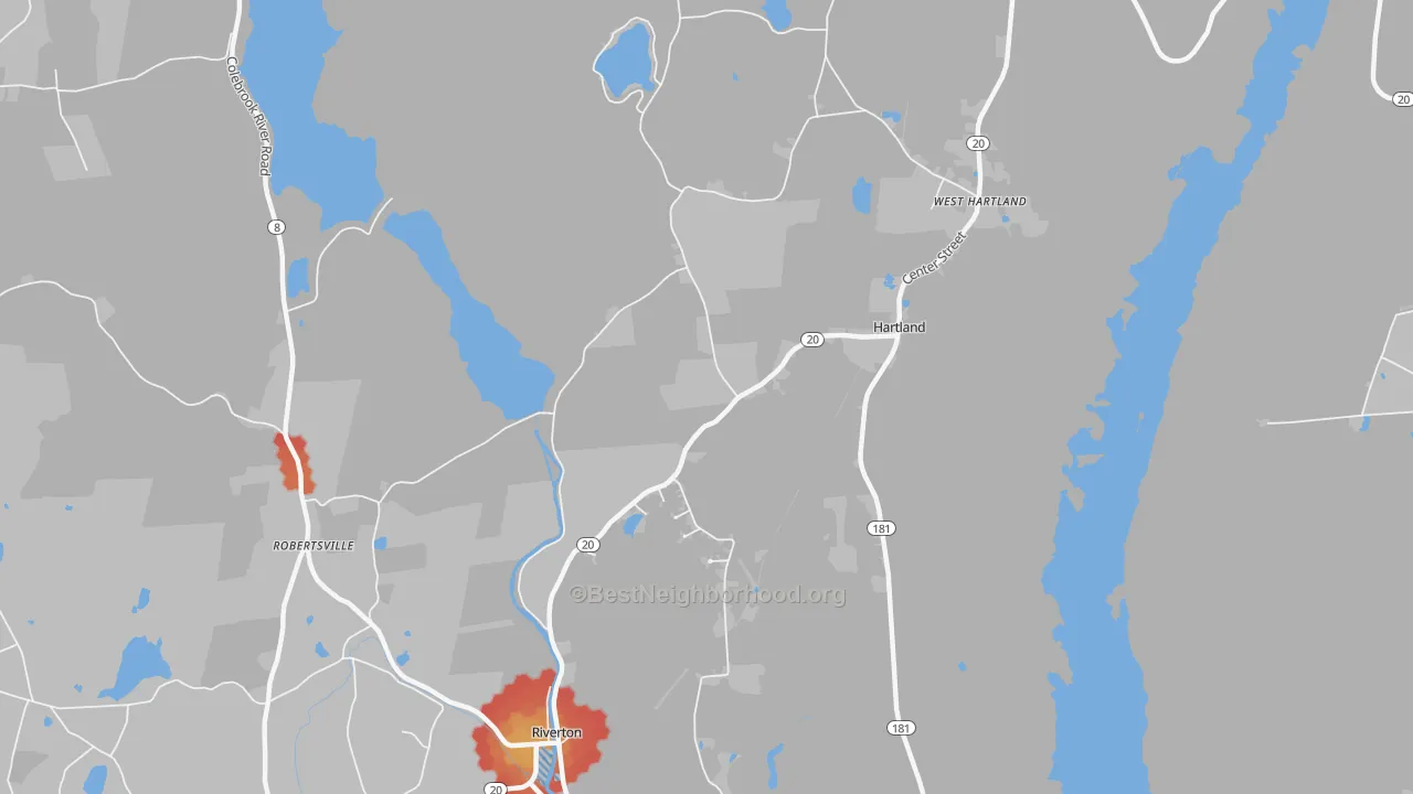 Walk Grade map of Robertsville, CT, walkable areas in green and car-dependent areas in red