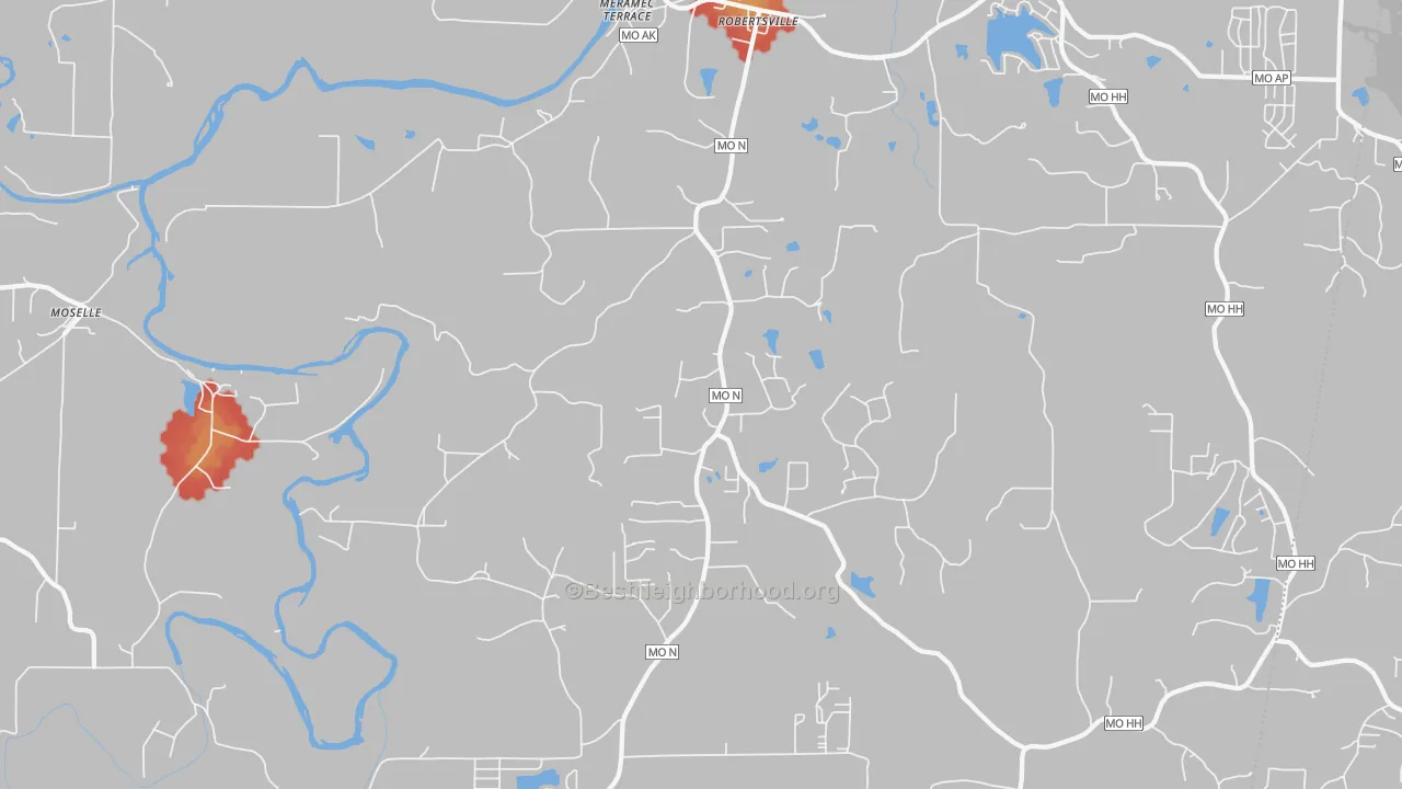 Walk Grade map of Robertsville, MO, walkable areas in green and car-dependent areas in red