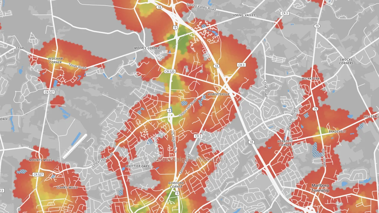 Walk Grade map of Robertsville, NJ, walkable areas in green and car-dependent areas in red