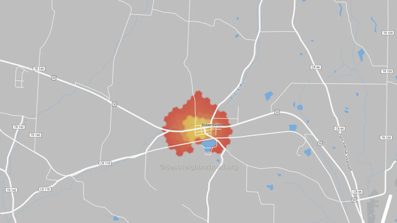 Walk Grade map of Robertsville, OH, walkable areas in green and car-dependent areas in red