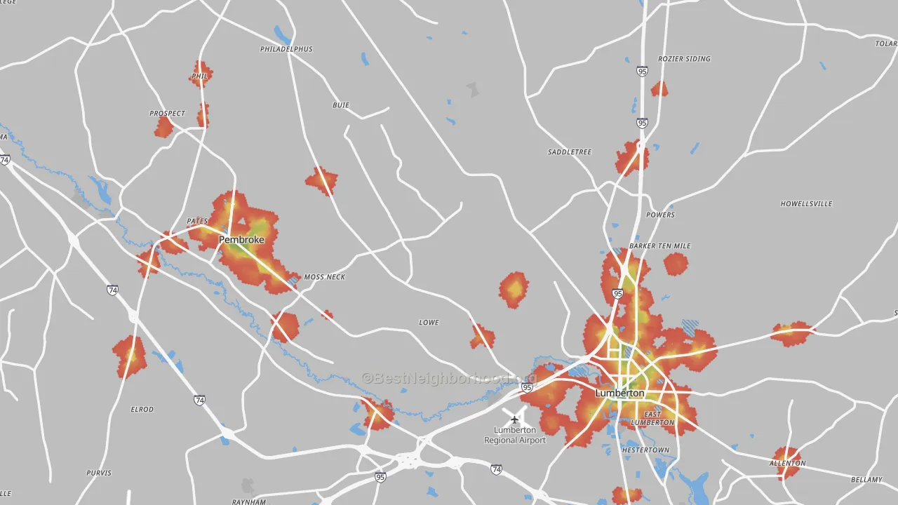 Walk Grade map of Robeson County, NC, walkable areas in green and car-dependent areas in red