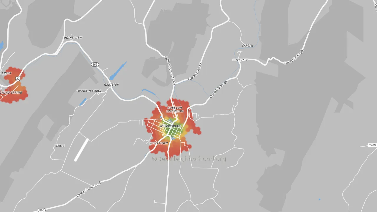 Walk Grade map of Robeson Extension, PA, walkable areas in green and car-dependent areas in red