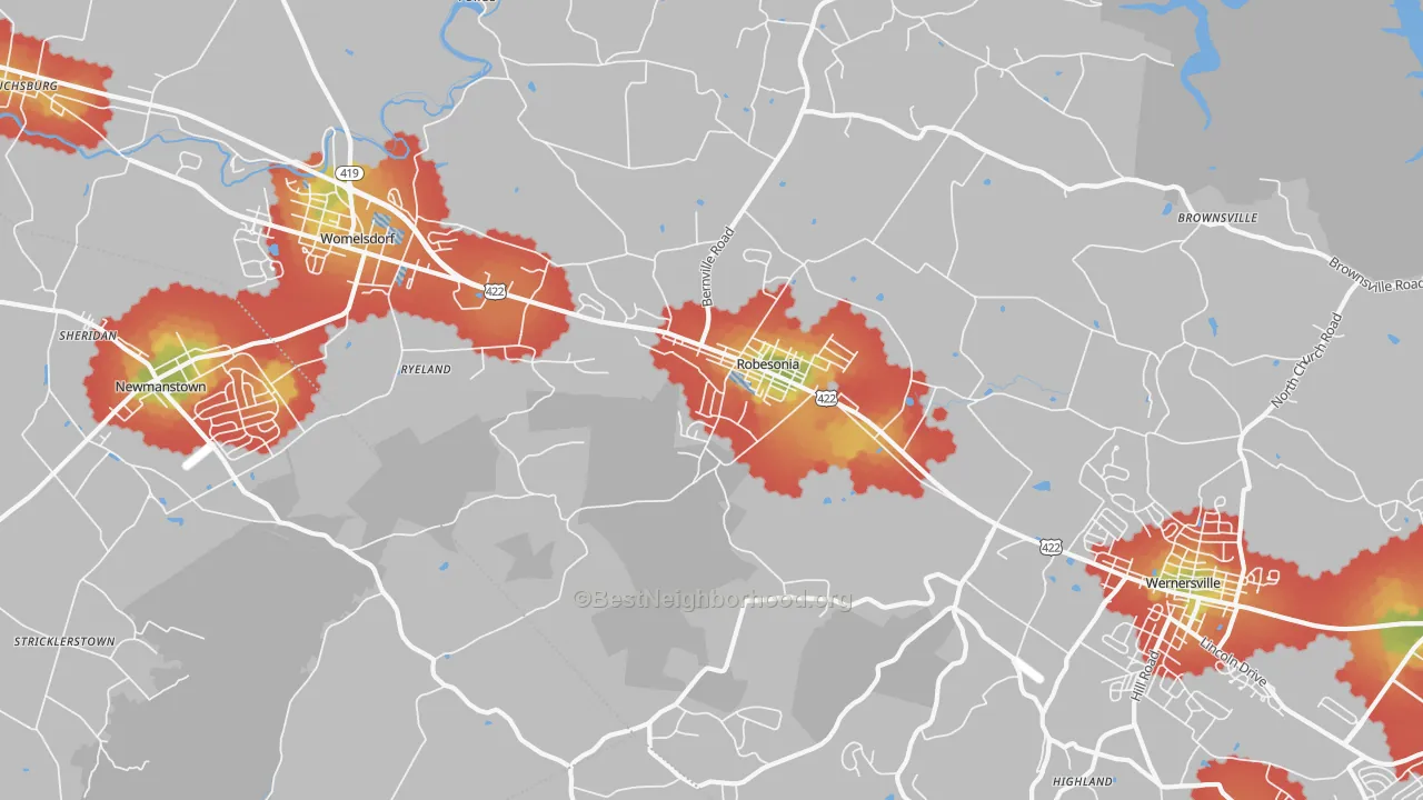 Walk Grade map of Robesonia, PA, walkable areas in green and car-dependent areas in red