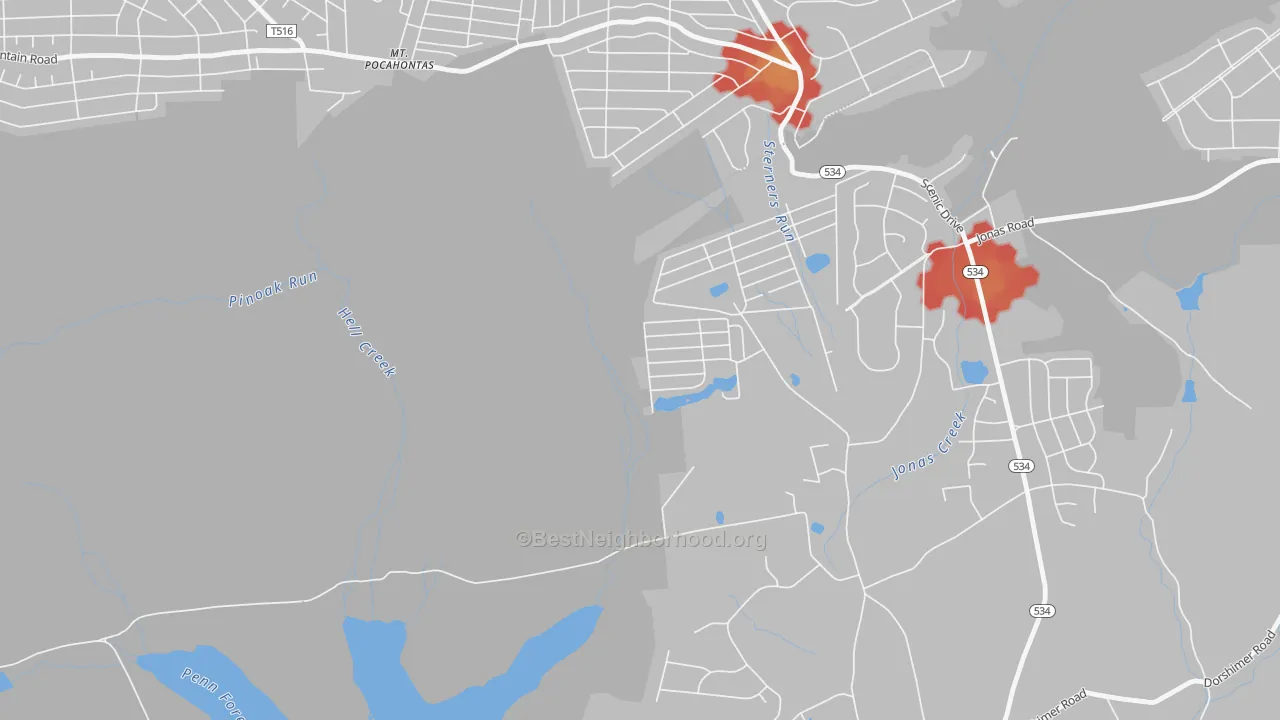 Walk Grade map of Robin Hood Lakes, PA, walkable areas in green and car-dependent areas in red