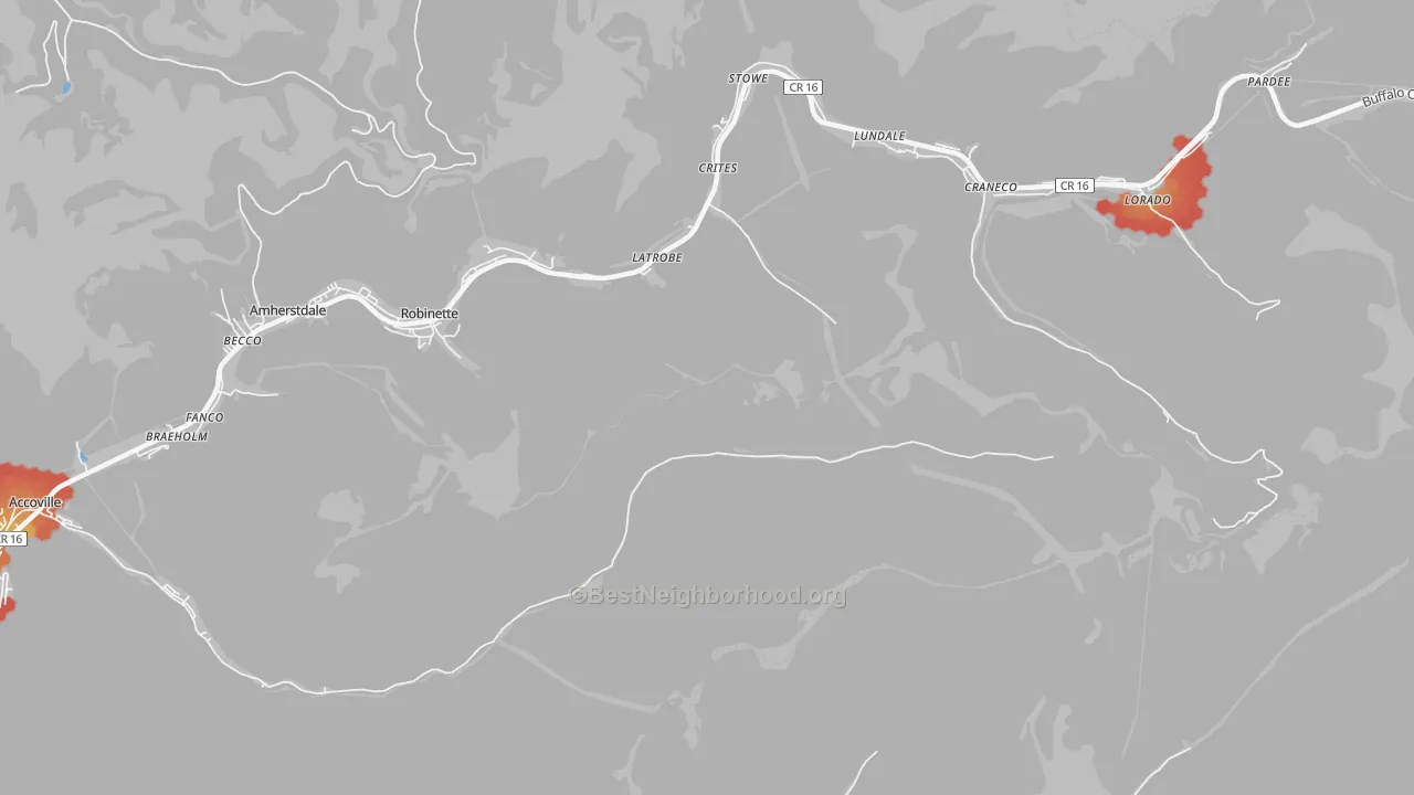 Walk Grade map of Robinette, WV, walkable areas in green and car-dependent areas in red