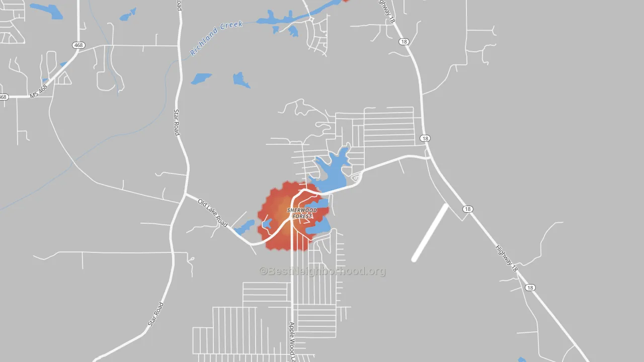 Walk Grade map of Robinhood, MS, walkable areas in green and car-dependent areas in red