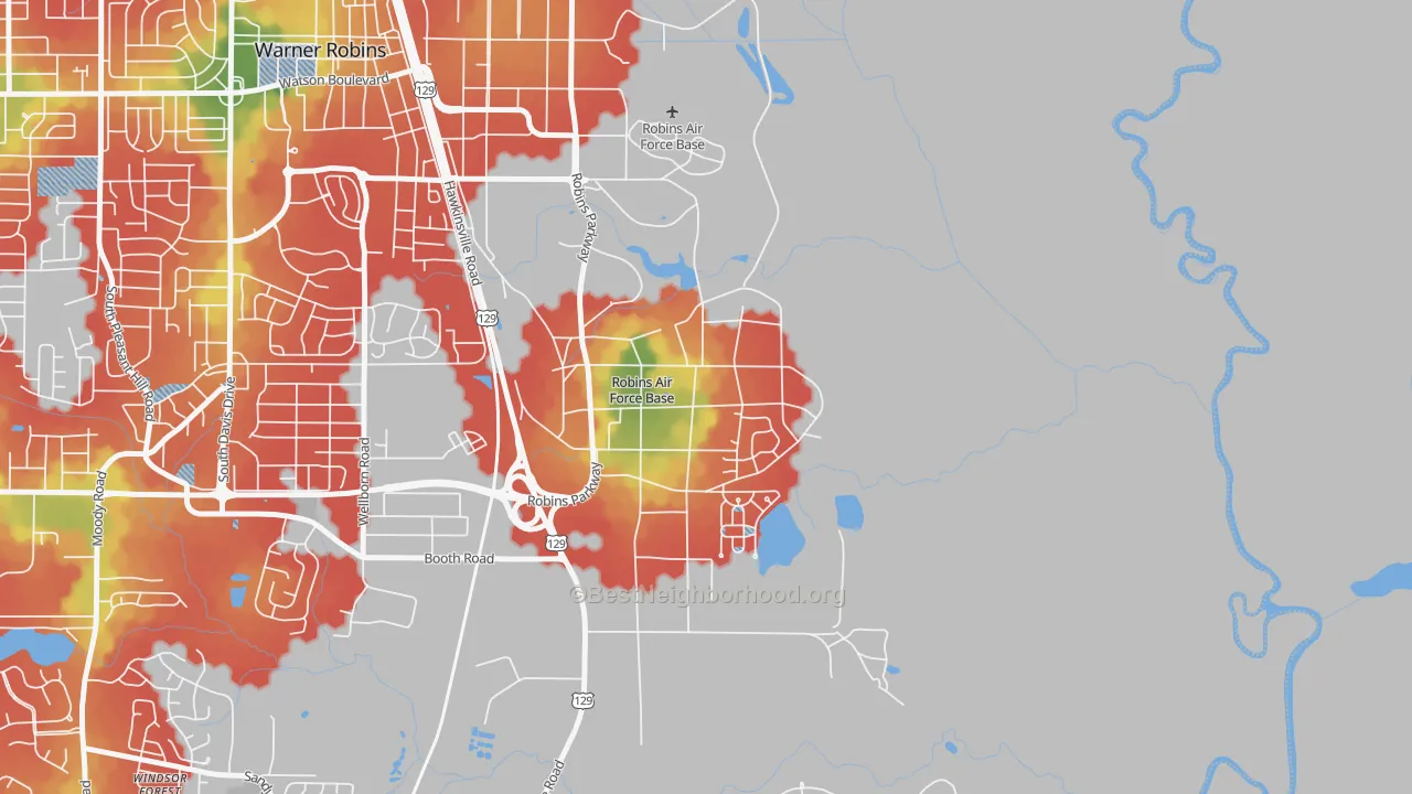 Walk Grade map of Robins AFB, GA, walkable areas in green and car-dependent areas in red