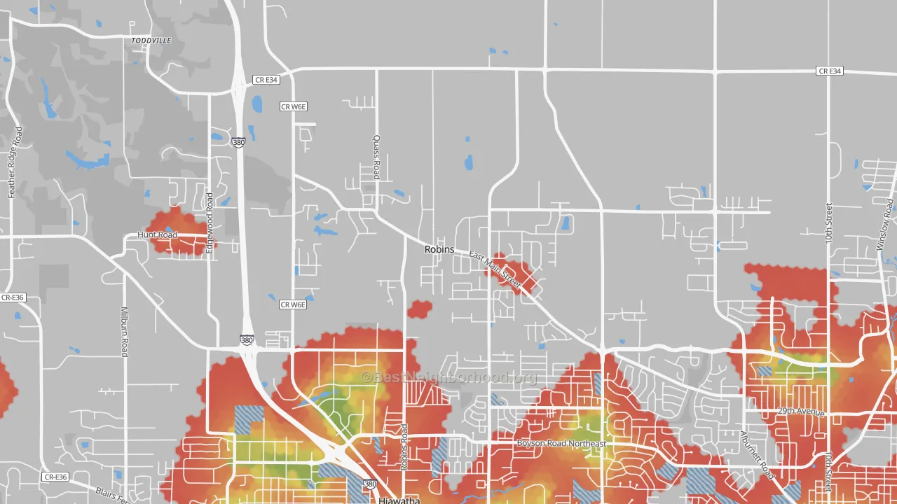 Walk Grade map of Robins, IA, walkable areas in green and car-dependent areas in red