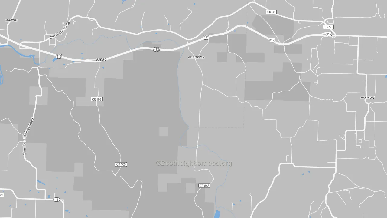 Walk Grade map of Robinson, AR, walkable areas in green and car-dependent areas in red