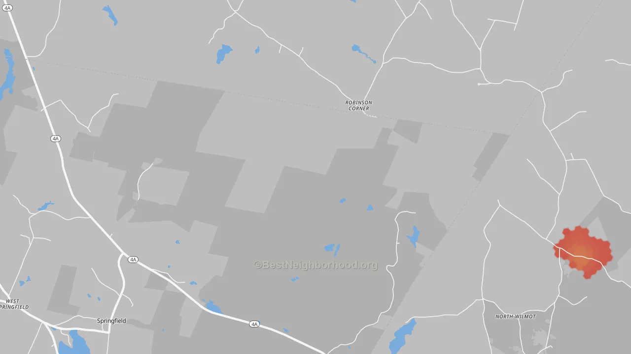 Walk Grade map of Robinson Corner, NH, walkable areas in green and car-dependent areas in red