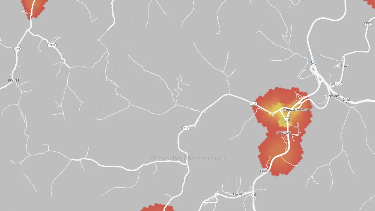 Walk Grade map of Robinson Creek, KY, walkable areas in green and car-dependent areas in red