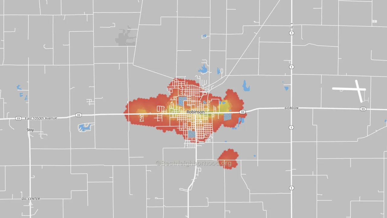 Walk Grade map of Robinson, IL, walkable areas in green and car-dependent areas in red
