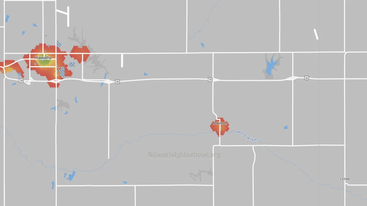 Walk Grade map of Robinson, KS, walkable areas in green and car-dependent areas in red